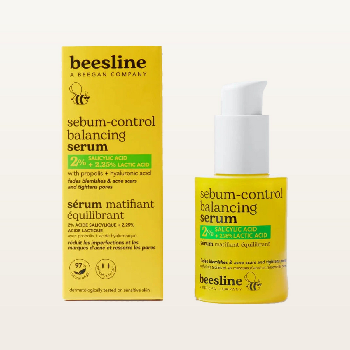 Beesline Sebum-Control Balancing Serum - pudełko i butelka z pompką, widok z przodu | Ellemania