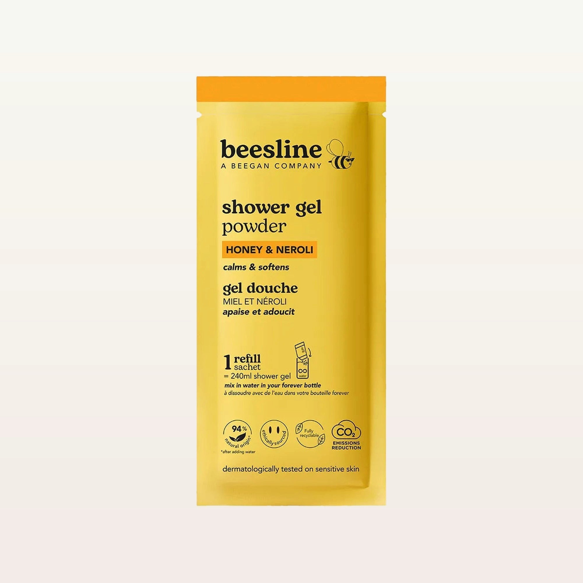 Beesline Shower Gel Powder Refill Honey & Neroli - saszetka z proszkiem, widok z przodu | Ellemania