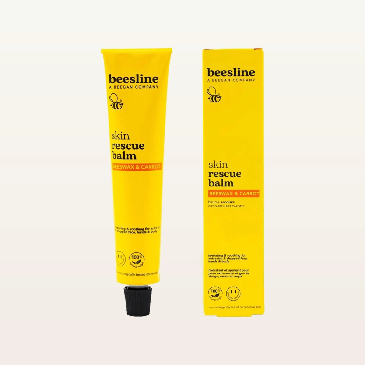 Beesline Skin Rescue Balm Beeswax & Carrot - tuba i pudełko, widok z przodu | Ellemania