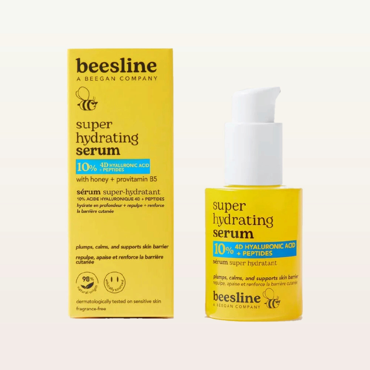 Beesline Super Hydrating Serum - pudełko i butelka z pompką, widok z przodu | Ellemania