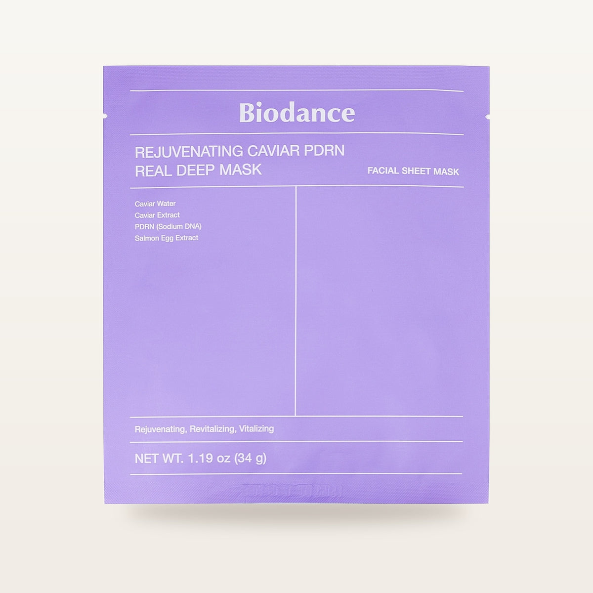 Biodance Rejuvenating Caviar PDRN Real Deep Mask - fioletowa saszetka maski, front opakowania 34 g | Ellemania