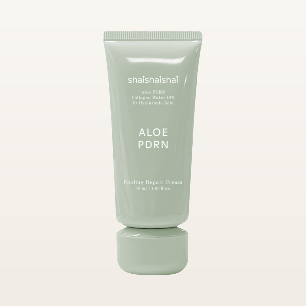 Shaishaishai Aloe PDRN Cooling Repair Cream - przód tuby 50 ml w szałwiowej zieleni, stojącej na zakrętce | Ellemania