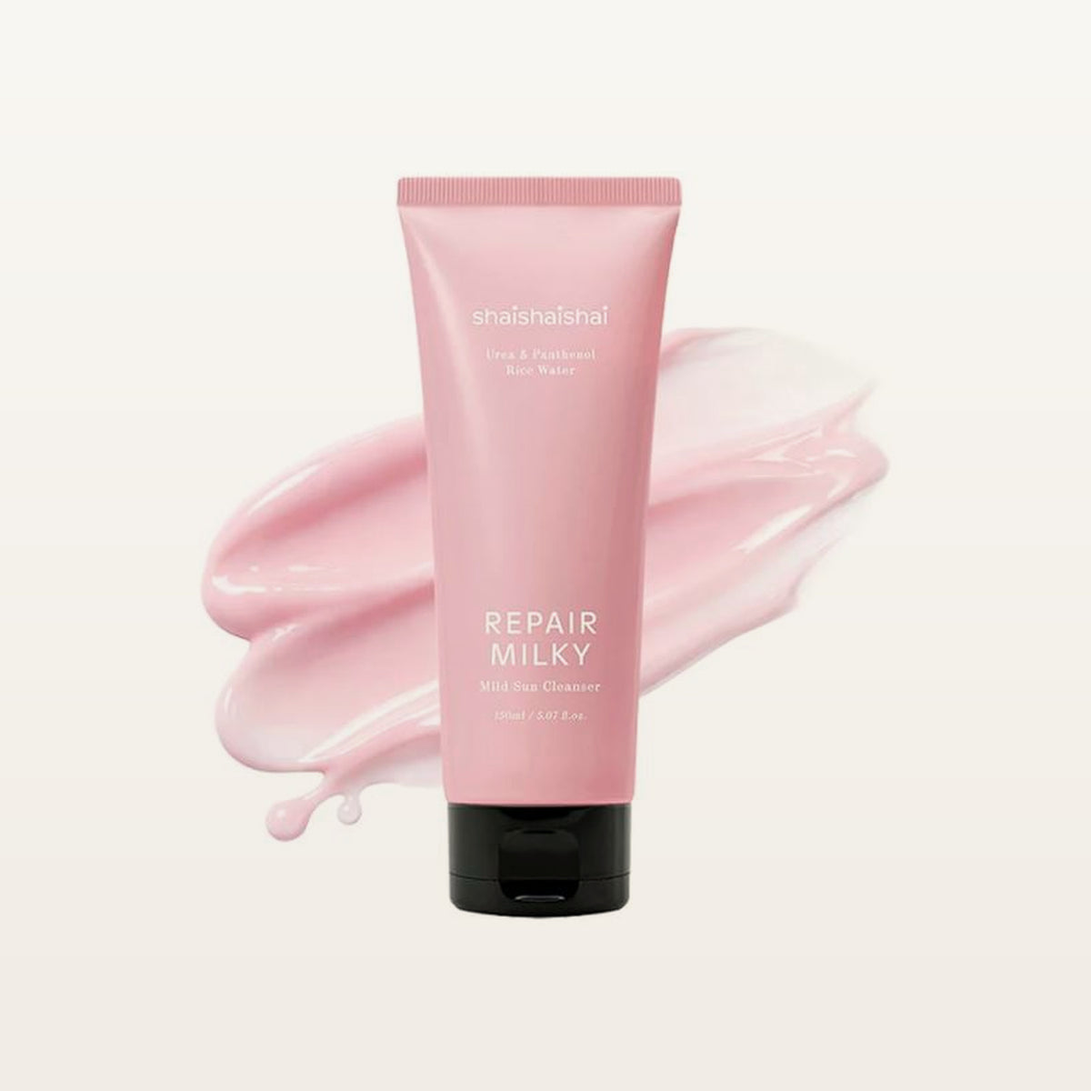Shaishaishai Repair Milky Mild Sun Cleanser - przód tuby 150 ml na smudze różowego produktu | Ellemania