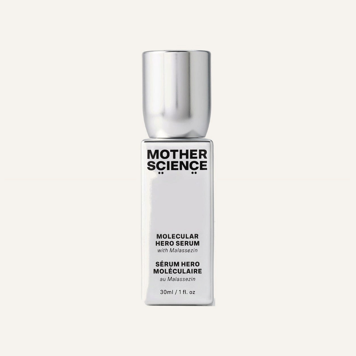 Mother Science Molecular Hero Serum 30 ml - srebrna butelka z metaliczną nakrętką, widok z przodu | Ellemania