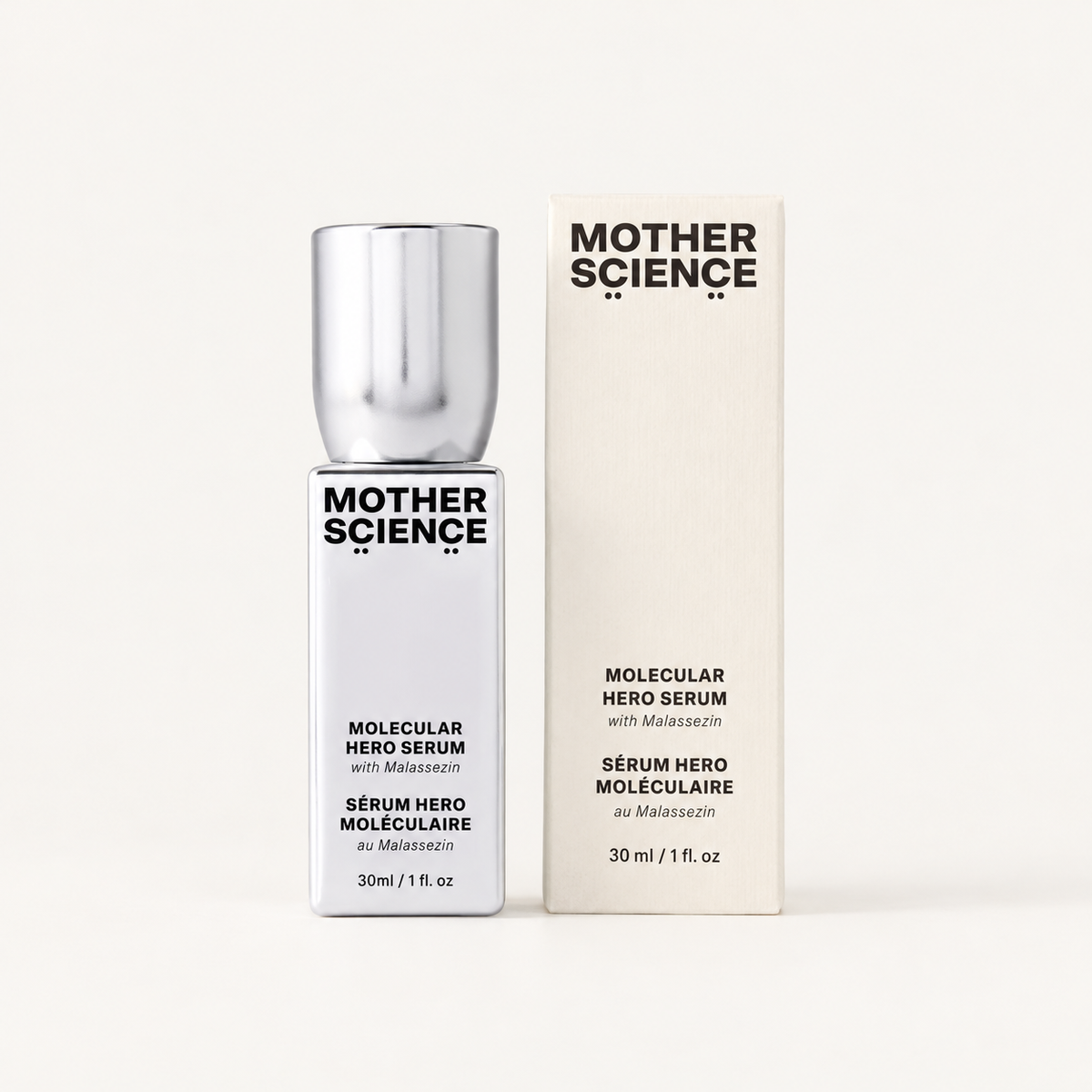 Mother Science Molecular Hero Serum 30 ml - srebrna butelka obok kartonowego pudełka | Ellemania