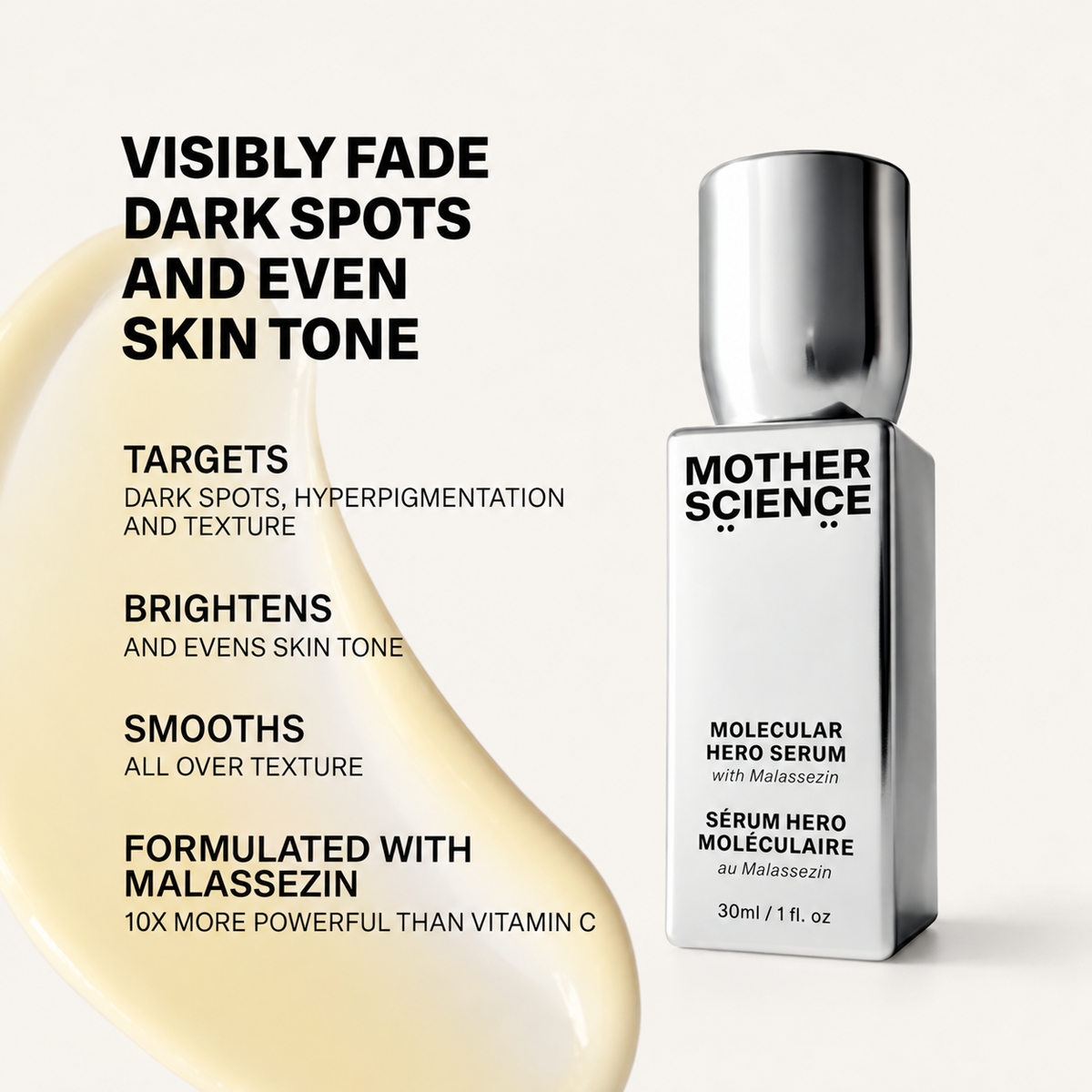 Mother Science Molecular Hero Serum 30 ml - butelka obok żółtawej smugi serum i grafika z listą cech produktu | Ellemania