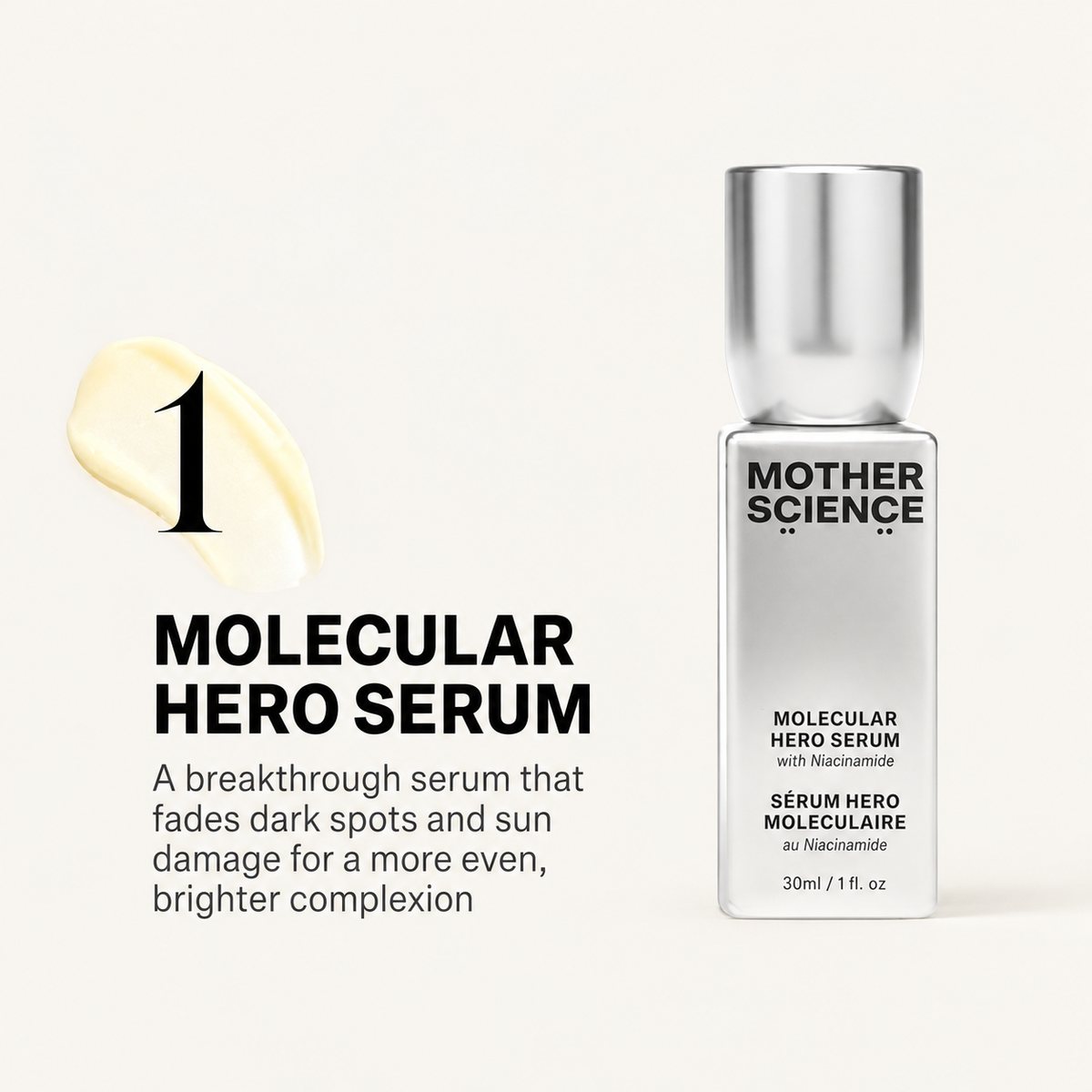Mother Science Molecular Hero Serum 30 ml - butelka z etykietą Niacinamide obok smugi kremu i krótkiego opisu | Ellemania