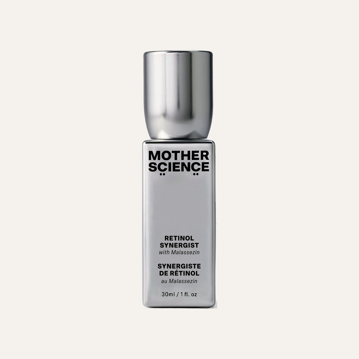 Mother Science Retinol Synergist 30 ml - srebrna butelka z metaliczną nakrętką, widok z przodu | Ellemania