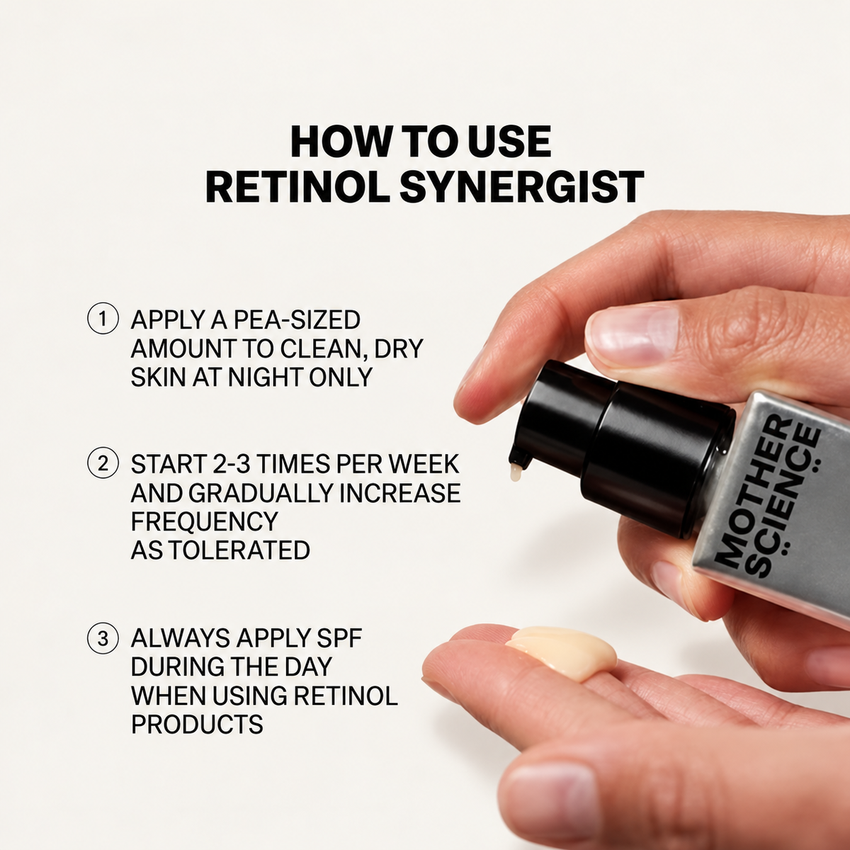 Mother Science Retinol Synergist 30 ml - butelka z pompką i dłonie z odrobiną serum, grafika z instrukcją użycia | Ellemania