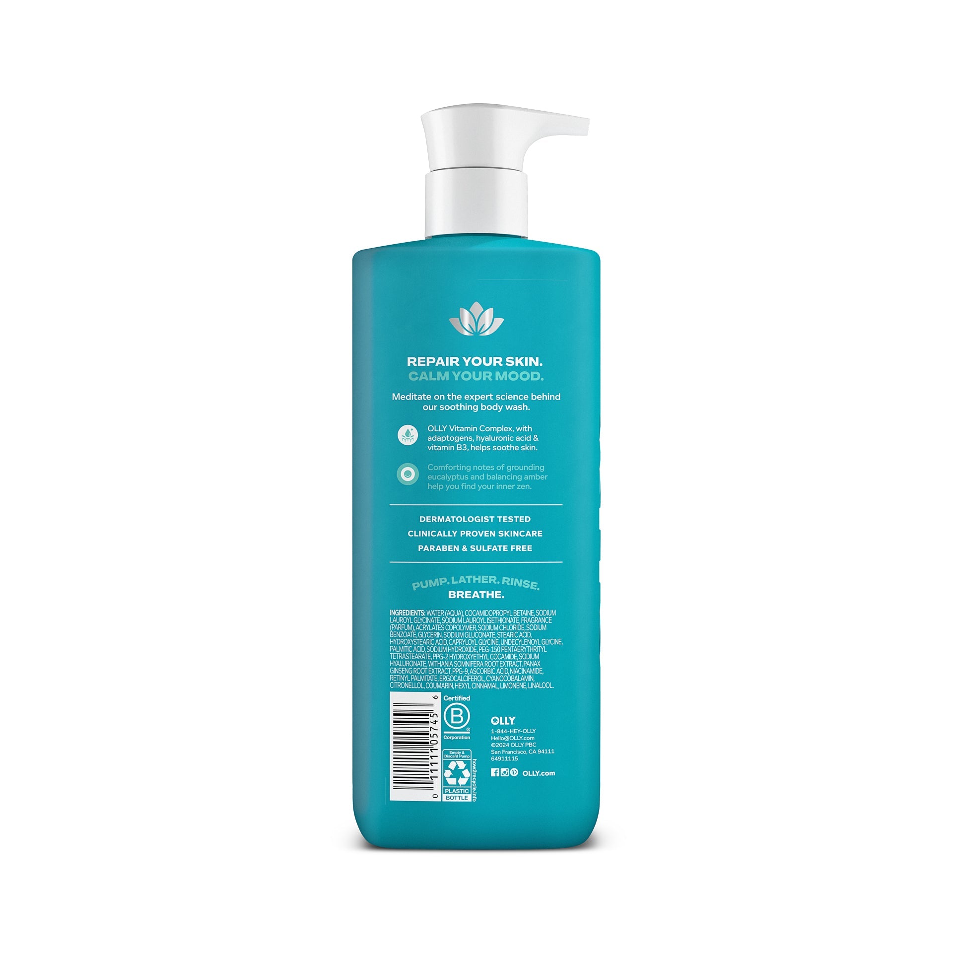 OLLY Calm Body Wash Shower Gel Hyaluronic Acid Adaptogens and Vitamin B3 502 ml