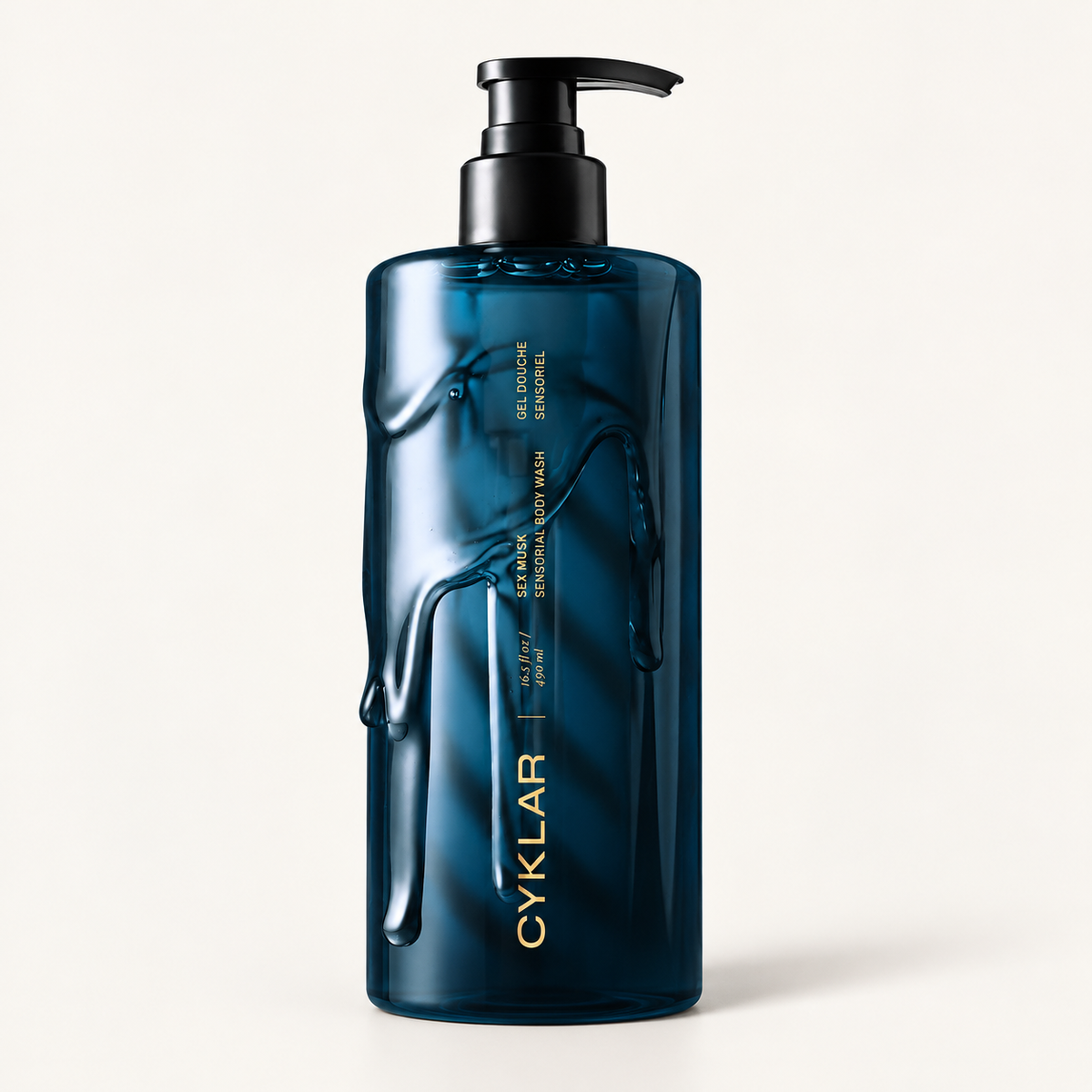 Cyklar Sex Musk Sensorial Body Wash - niebieska butelka z pompką z żelem spływającym po ściance | Ellemania