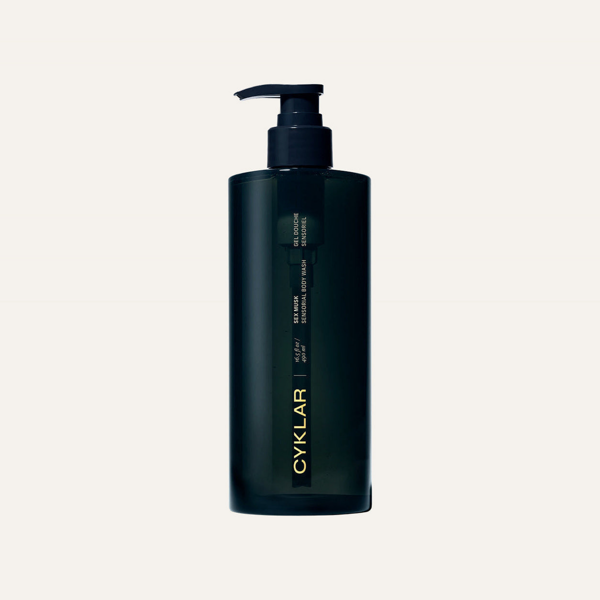 Cyklar Sex Musk Sensorial Body Wash - ciemna butelka z pompką 490 ml na jasnym tle | Ellemania
