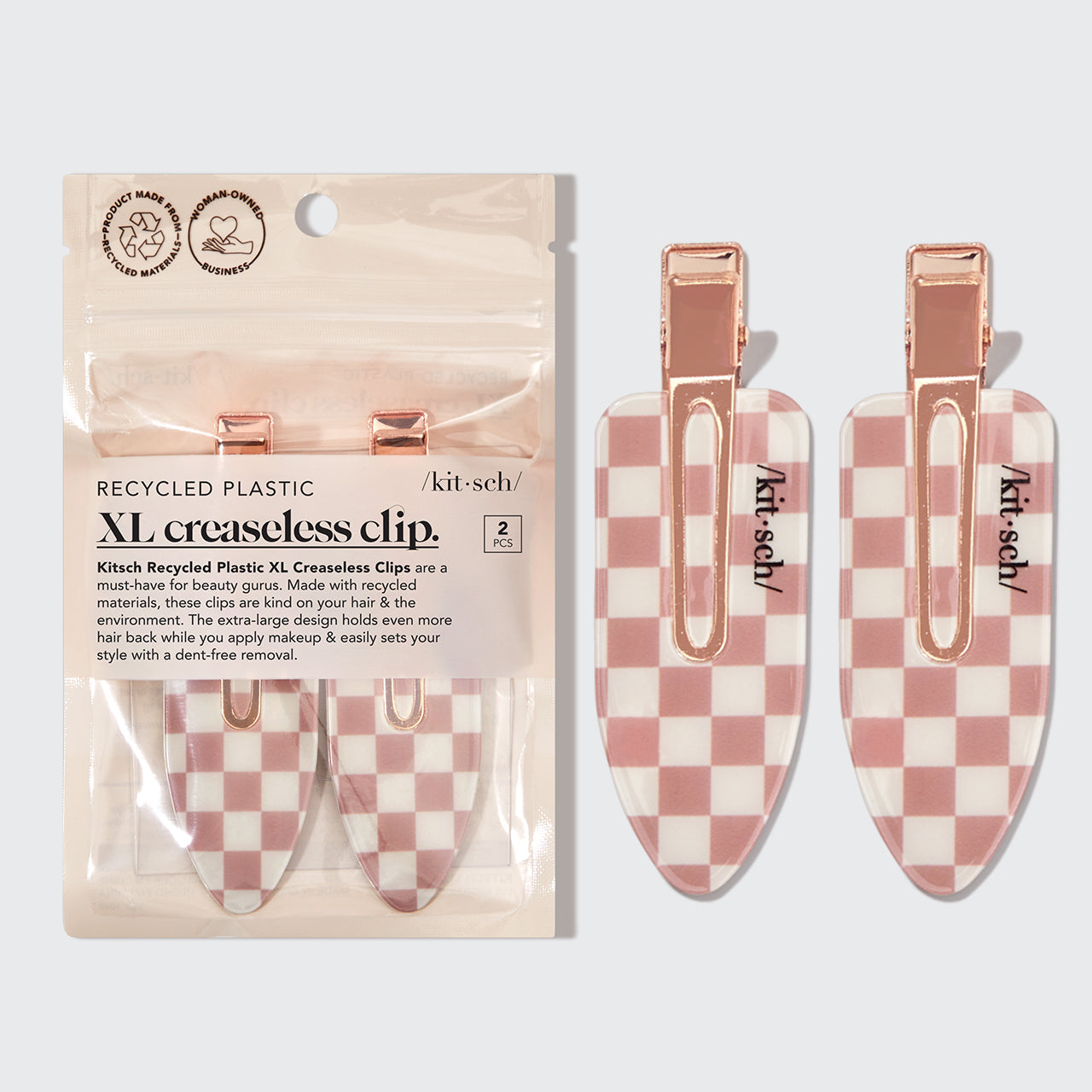 Kitsch XL Terracotta Checker Creaseless Clips 2pc Set - spinki XL bez zagnieceń z materiałów z recyklingu