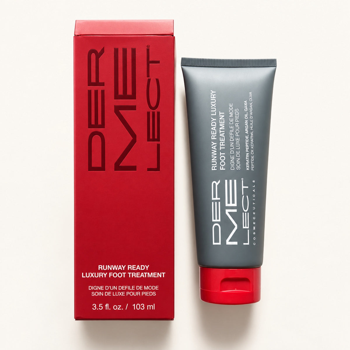 Dermelect Runway Ready Luxury Foot Treatment krem do stóp 103 ml, tuba obok czerwonego pudełka | Ellemania