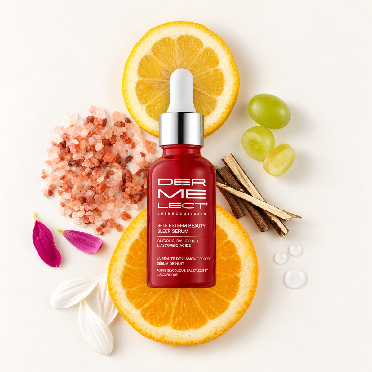 Dermelect Self Esteem Beauty Sleep Serum kuracja nocna 30 ml, butelka na tle cytrusów i soli | Ellemania