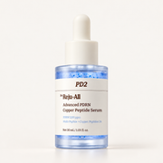 Dr. Reju-All Advanced PDRN Copper Peptide Serum 30 ml - dropper bottle with blue capsules in the serum, front view | Ellemania