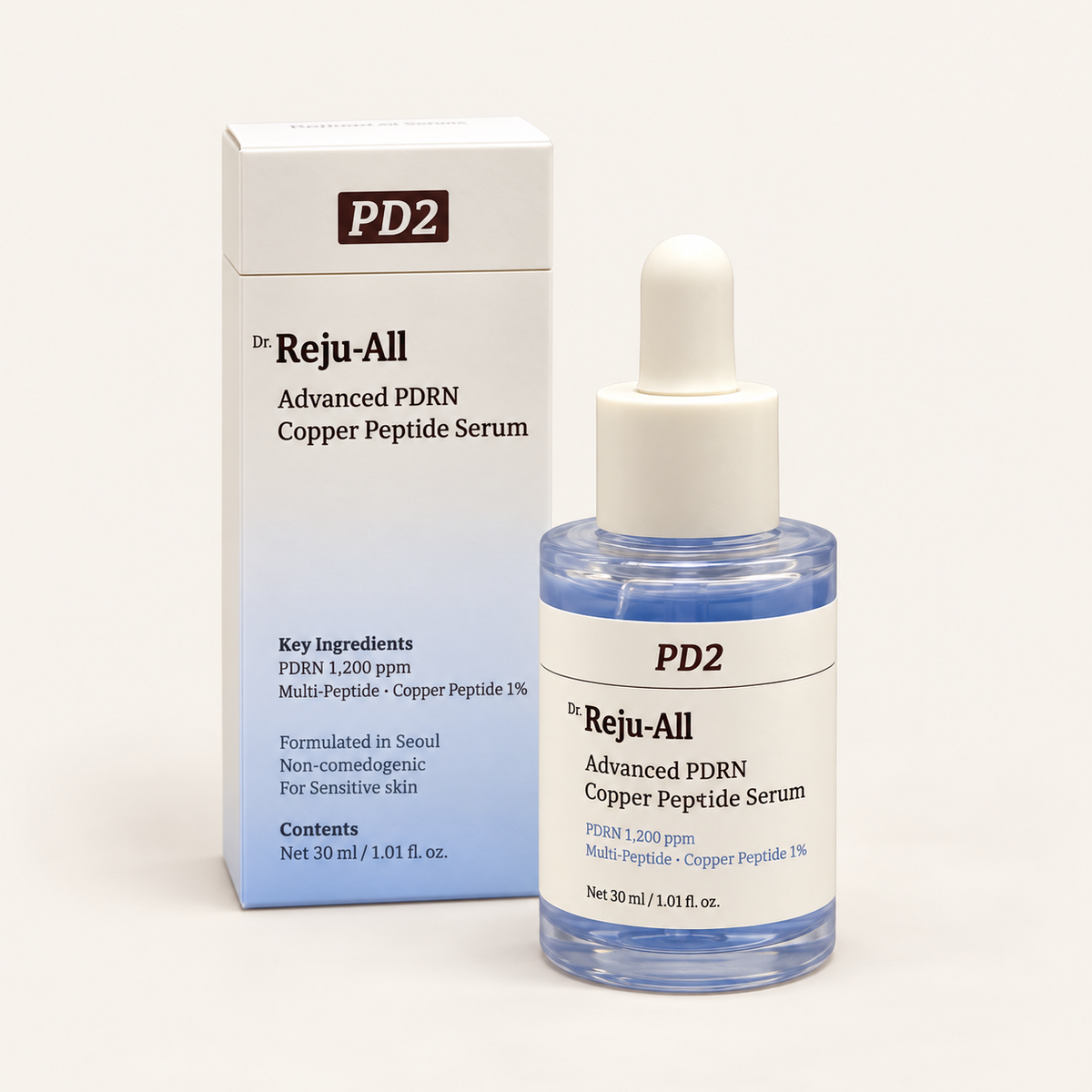 Dr. Reju-All Advanced PDRN Copper Peptide Serum 30 ml - dropper bottle next to a blue box, front view | Ellemania
