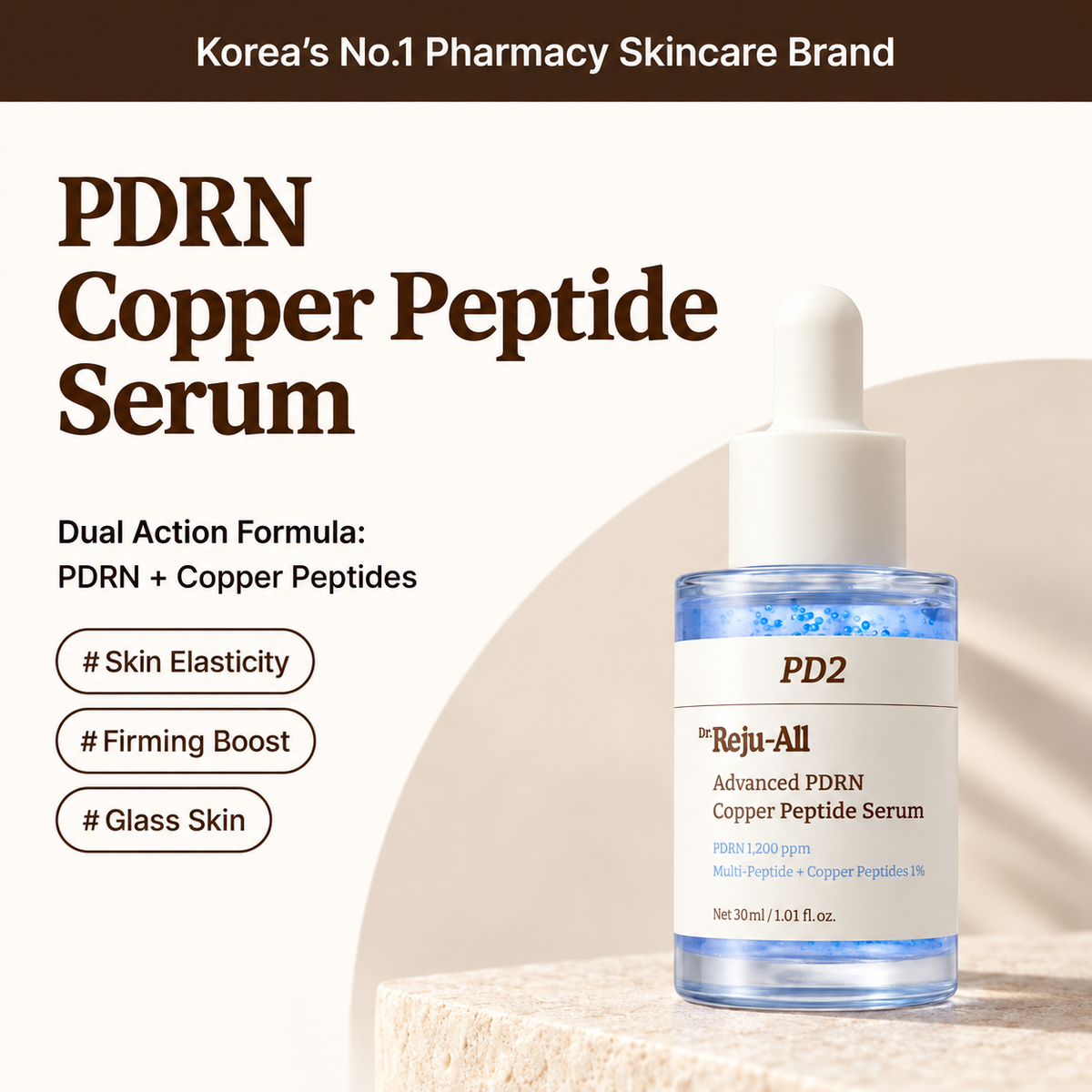 Dr. Reju-All Advanced PDRN Copper Peptide Serum 30 ml - dropper bottle on a stone pedestal, graphic with the serum name | Ellemania