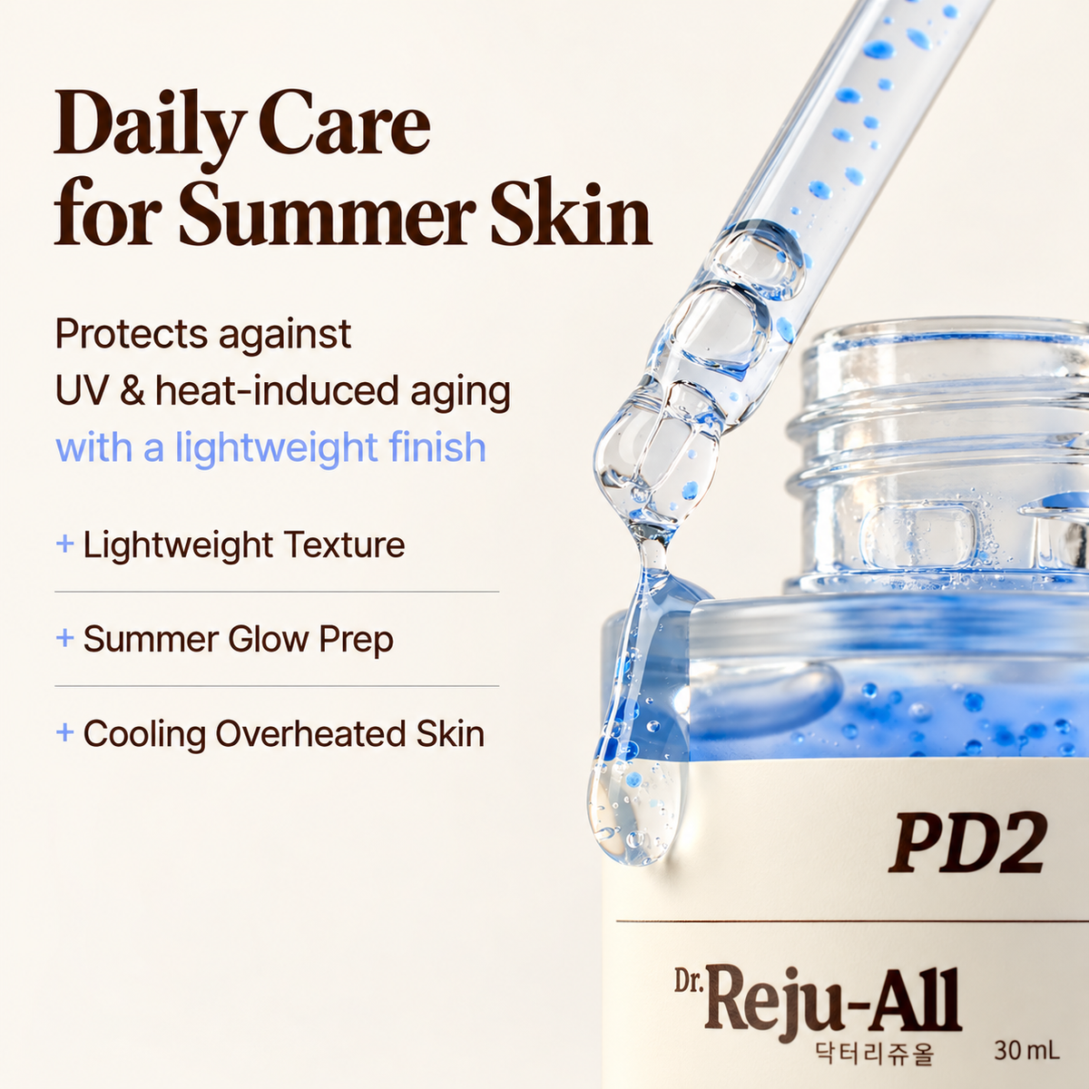 Dr. Reju-All Advanced PDRN Copper Peptide Serum 30 ml - dropper with a drop of serum above an open bottle, graphic describing the texture | Ellemania