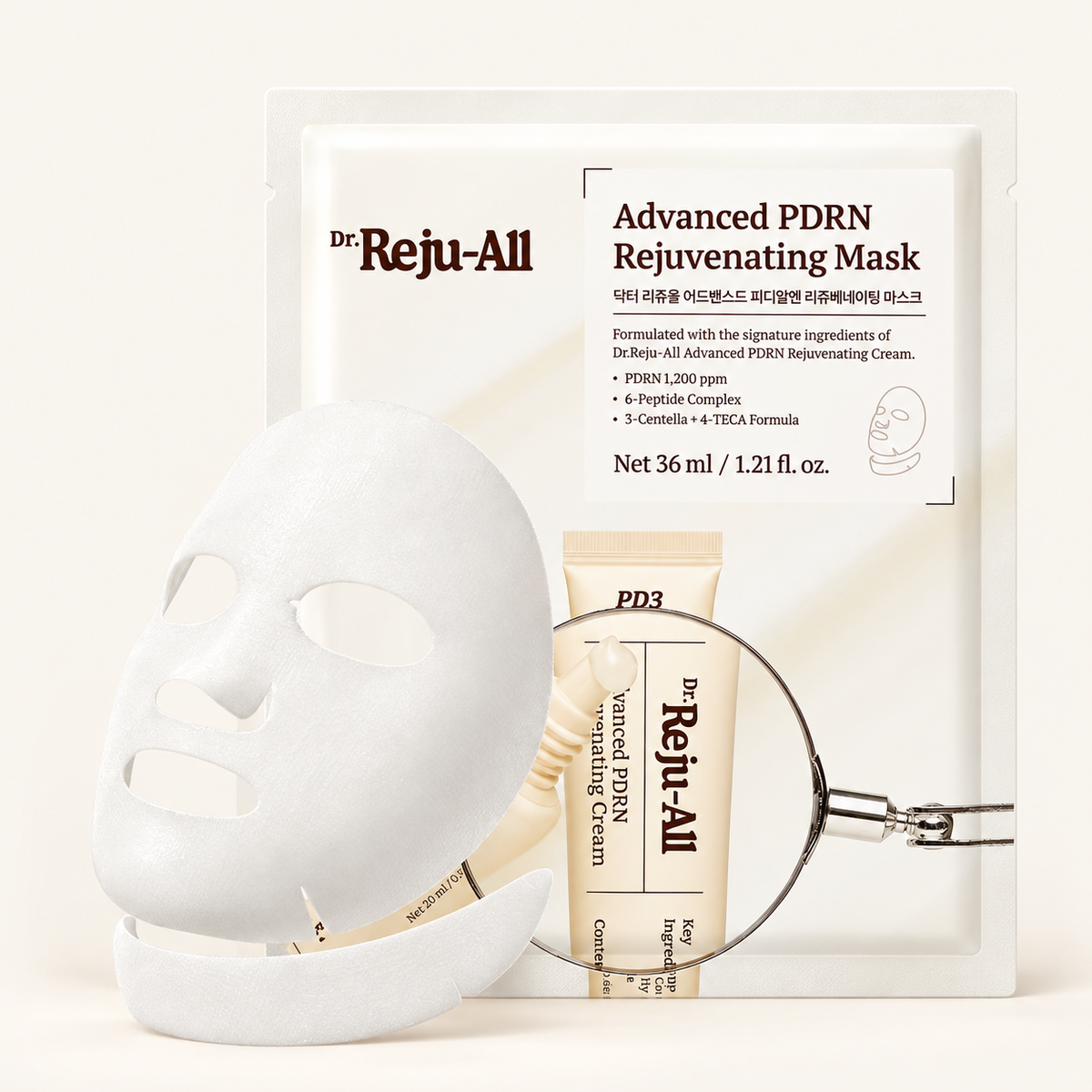 Dr. Reju-All Advanced PDRN Rejuvenating Mask 36 ml - saszetka z maską i biała płachta z wycięciami na twarz, obok tubka kremu w lupie | Ellemania