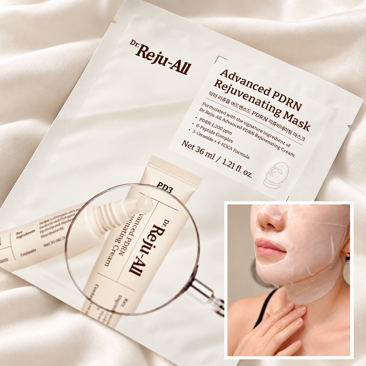 Dr. Reju-All Advanced PDRN Rejuvenating Mask 36 ml - saszetka maski na jasnej tkaninie, w rogu zdjęcie twarzy i szyi z założoną maską | Ellemania