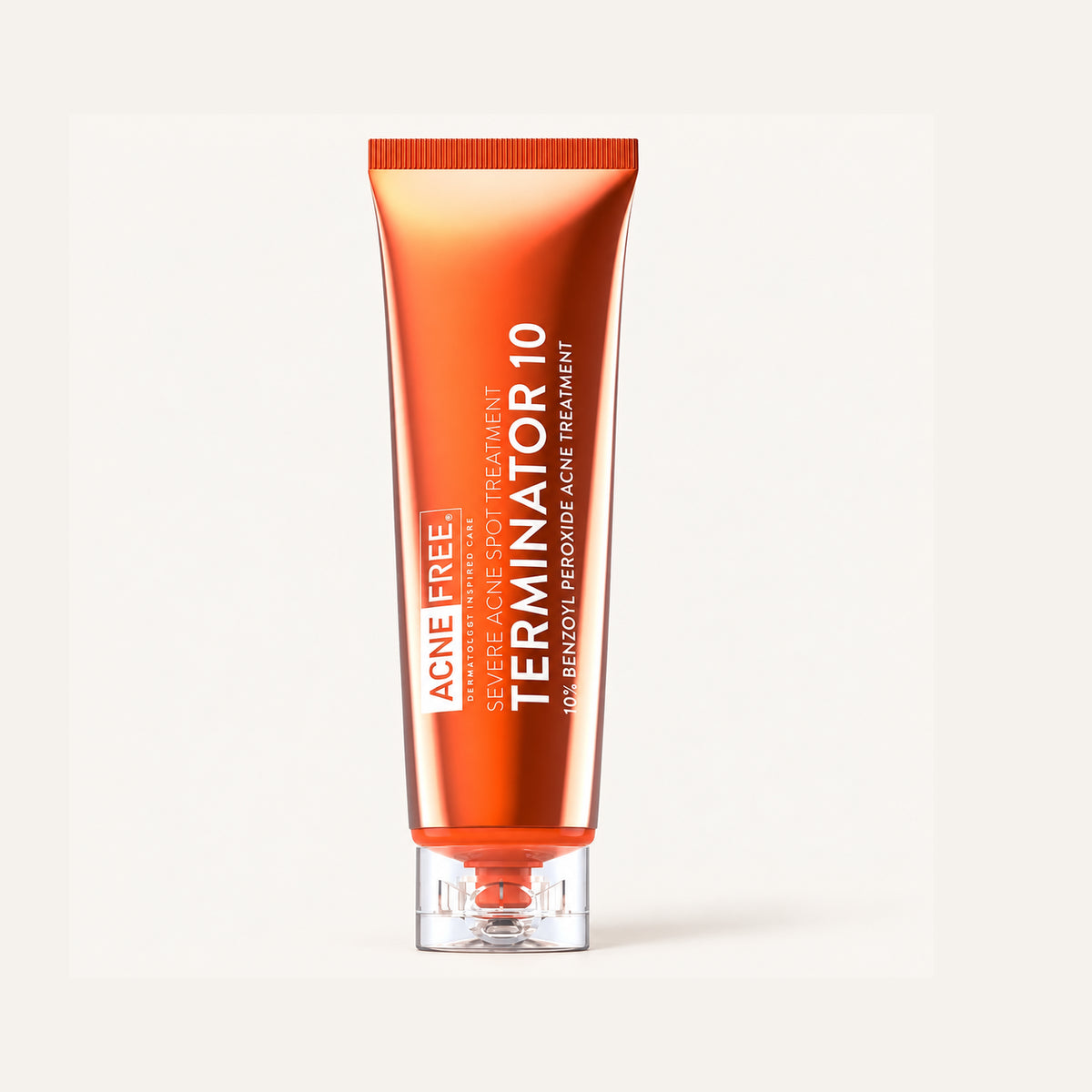 AcneFree Terminator 10 Acne Spot Treatment 10% Benzoyl Peroxide 30 ml, pomarańczowa tubka z przezroczystym zatyczką z przodu | Ellemania