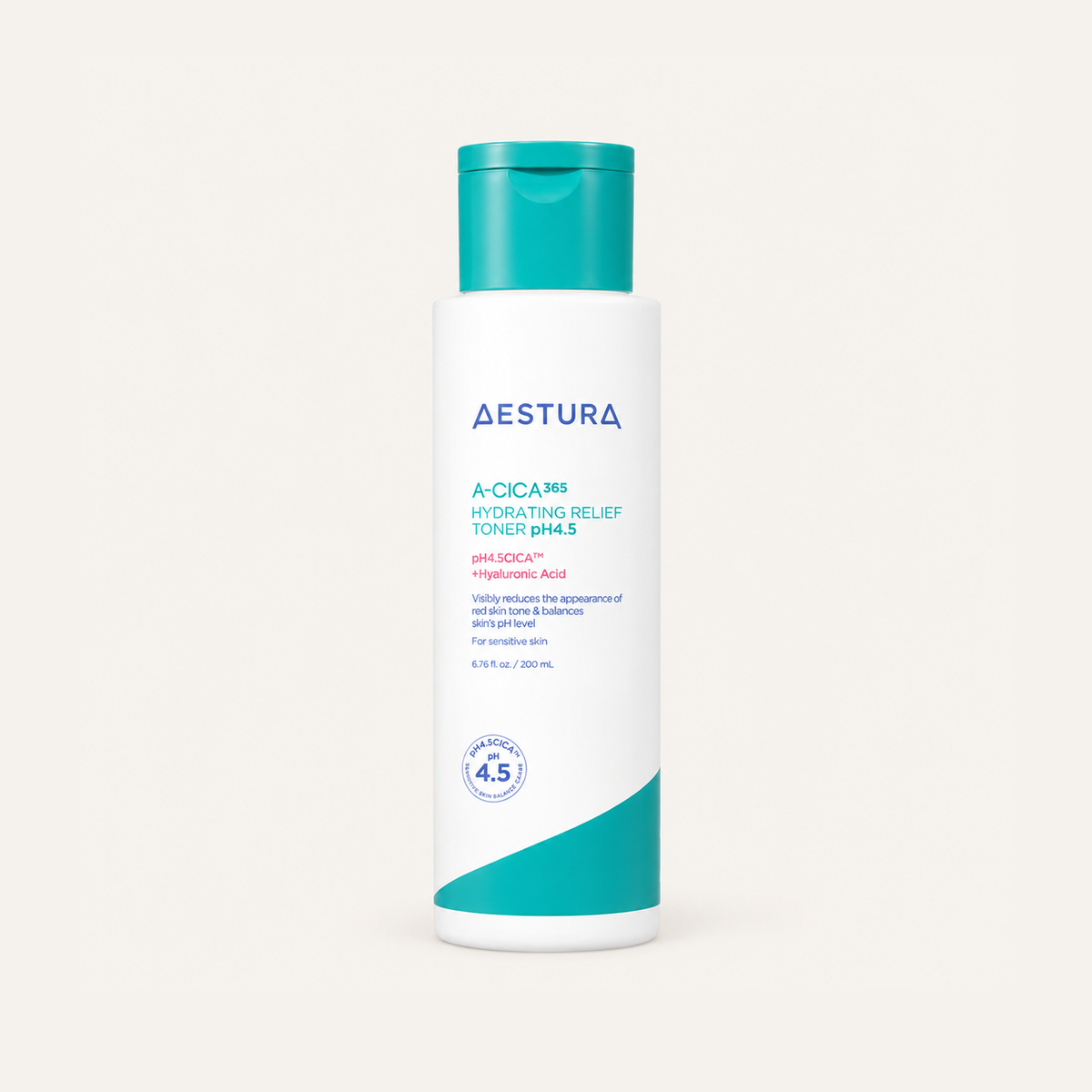 Aestura A-Cica 365 Hydrating Relief Toner pH 4.5 200 ml, white bottle with a green cap, front view | Ellemania