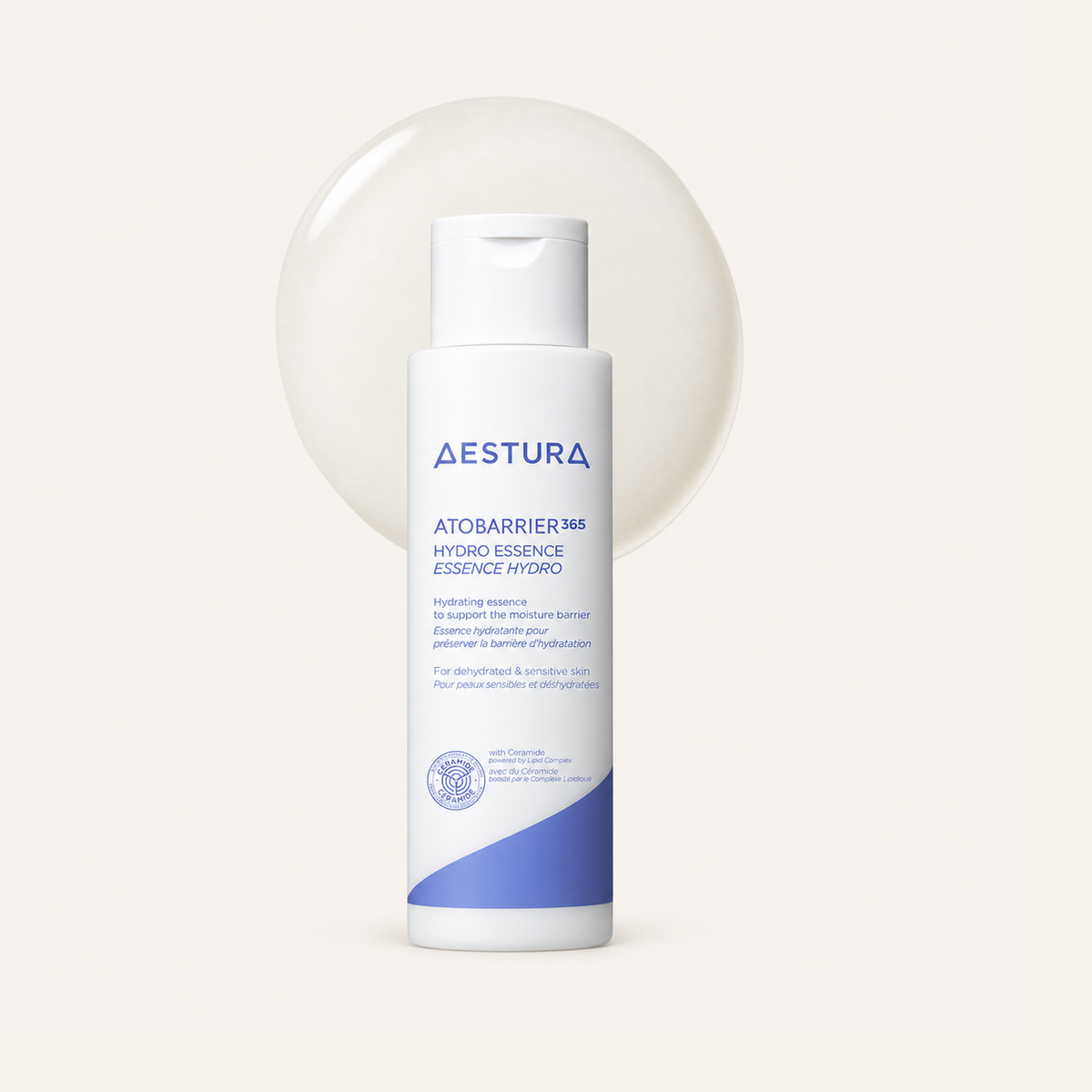 Aestura Atobarrier 365 Hydro Essence 200 ml, white bottle, front view, against a background of essence drops | Ellemania