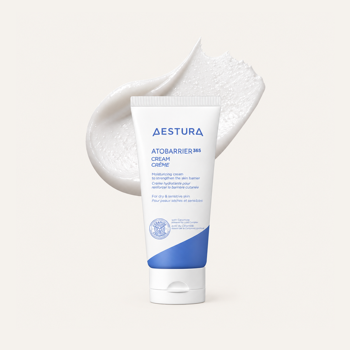 Aestura AtoBarrier365 Cream 80 ml, tube, front view, against a background of smeared cream | Ellemania