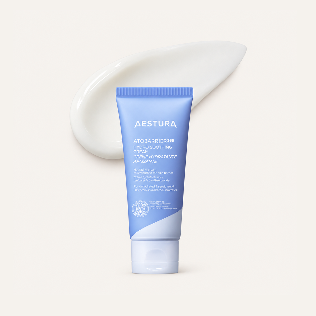 Aestura Atobarrier365 Hydro Soothing Cream 60 ml, blue tube, front view, against a background of a cream smear | Ellemania