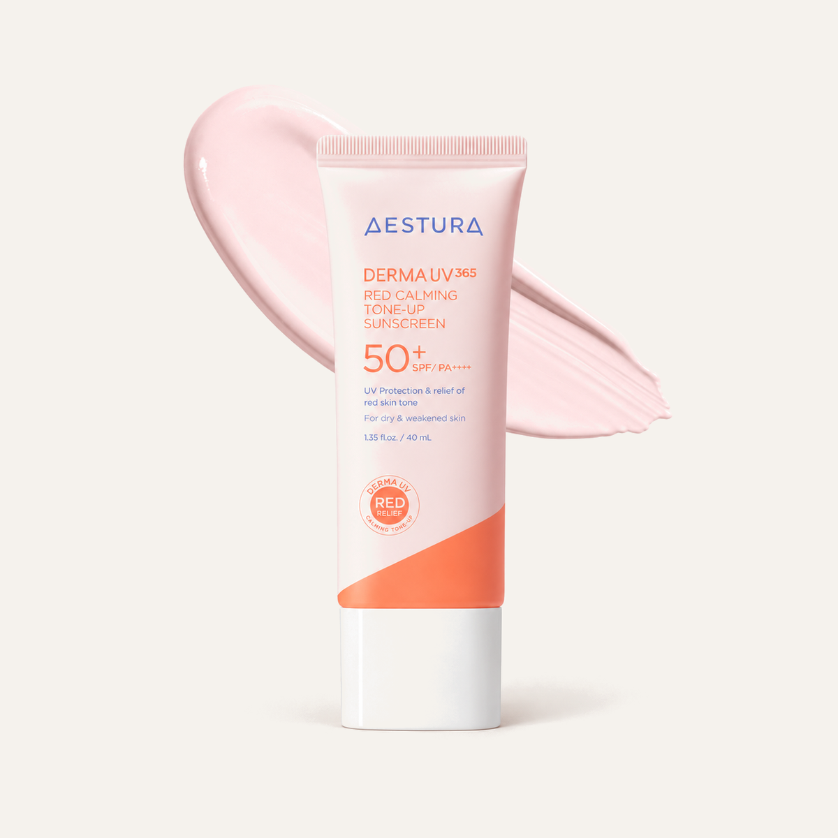 Aestura Derma UV 365 Red Calming Tone-Up Sunscreen 40 ml, pink and white tube next to a cream swatch | Ellemania