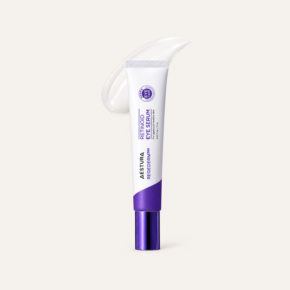 Aestura Regederm365 Retinoid Eye Serum 15 ml, tube with a purple cap, upright, against a background of a serum smear | Ellemania