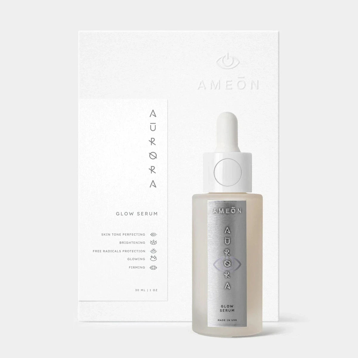 AMEON Aurora Glow Serum 30 ml, pudełko z przodu i butelka z pipetą obok | Ellemania