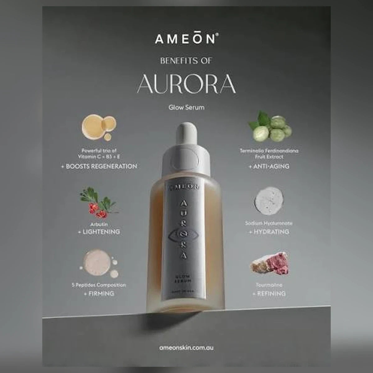 AMEON Aurora Glow Serum 30 ml, butelka z pipetą i infografika z listą składników | Ellemania