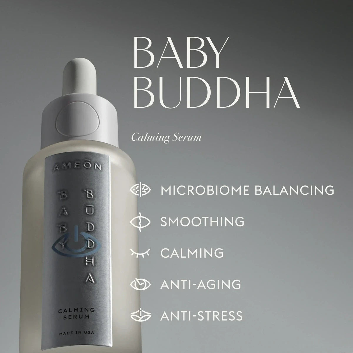 AMEON Baby Buddha Calming Serum 30 ml, butelka z pipetą i infografika z listą właściwości | Ellemania