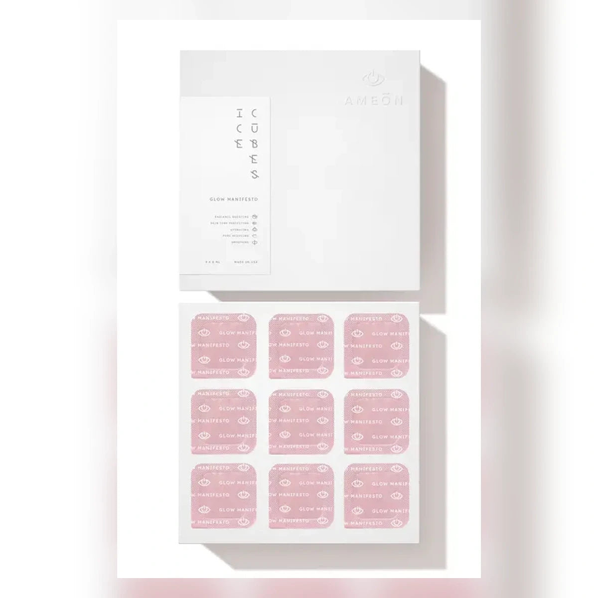 AMEON Glow Manifesto Ice Cubes 9 x 8 ml, pudełko z przodu i arkusz różowych kostek | Ellemania