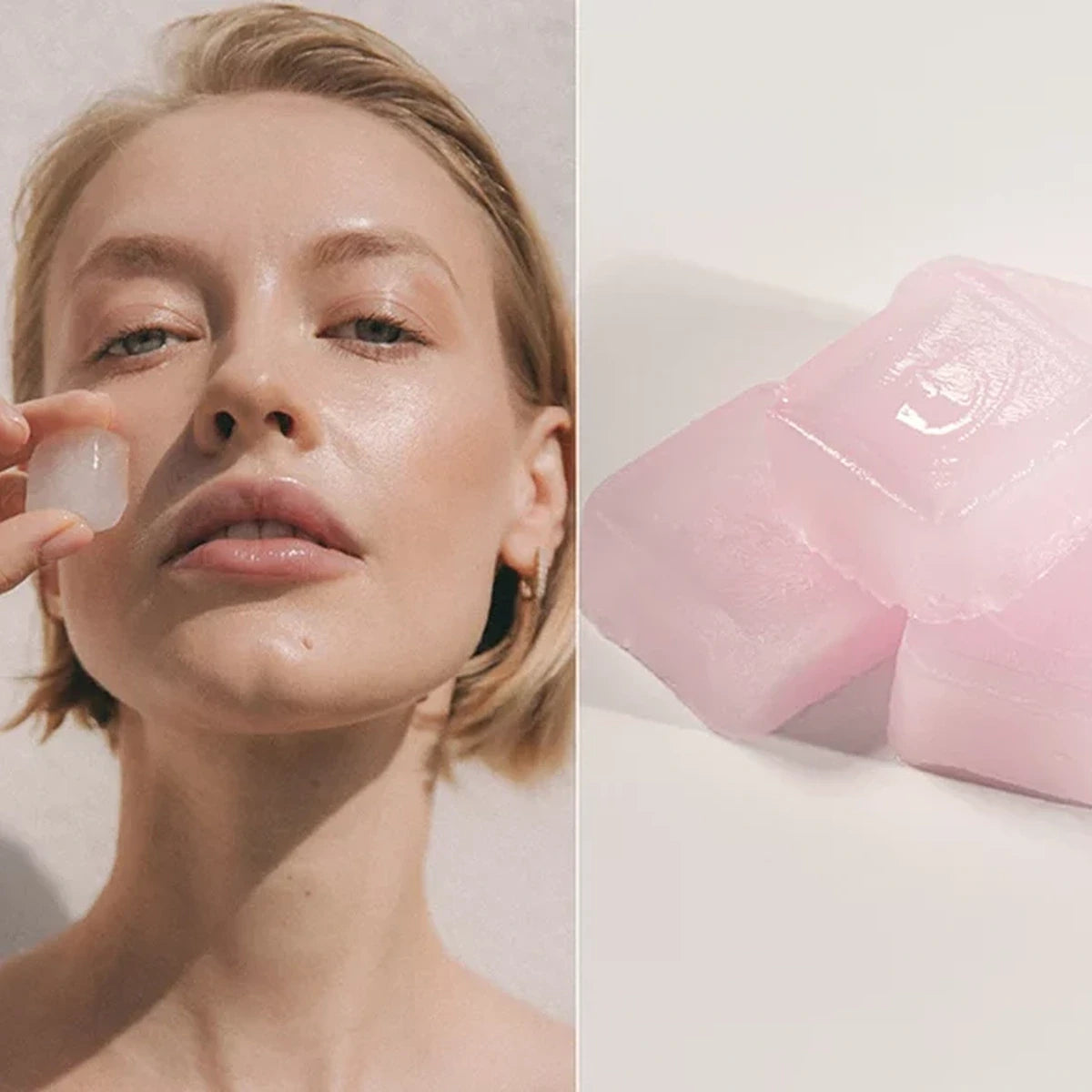 AMEON Glow Manifesto Ice Cubes 9 x 8 ml, kostki esencji obok kobiety trzymającej kostkę przy twarzy | Ellemania