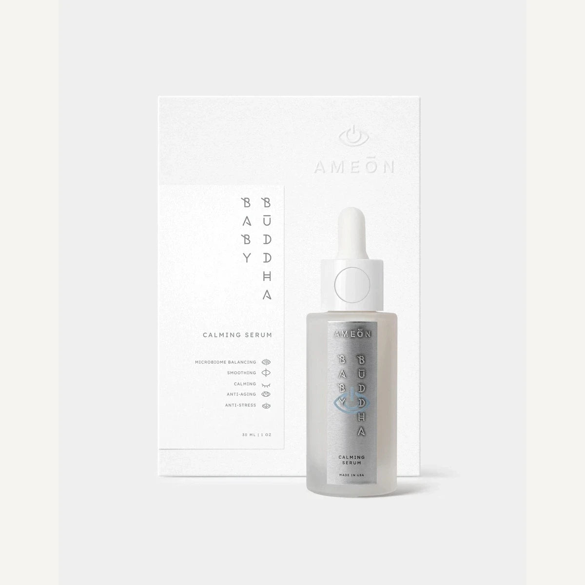 AMEON Baby Buddha Calming Serum 30 ml, buteleczka z pipetą obok pudełka z przodu | Ellemania