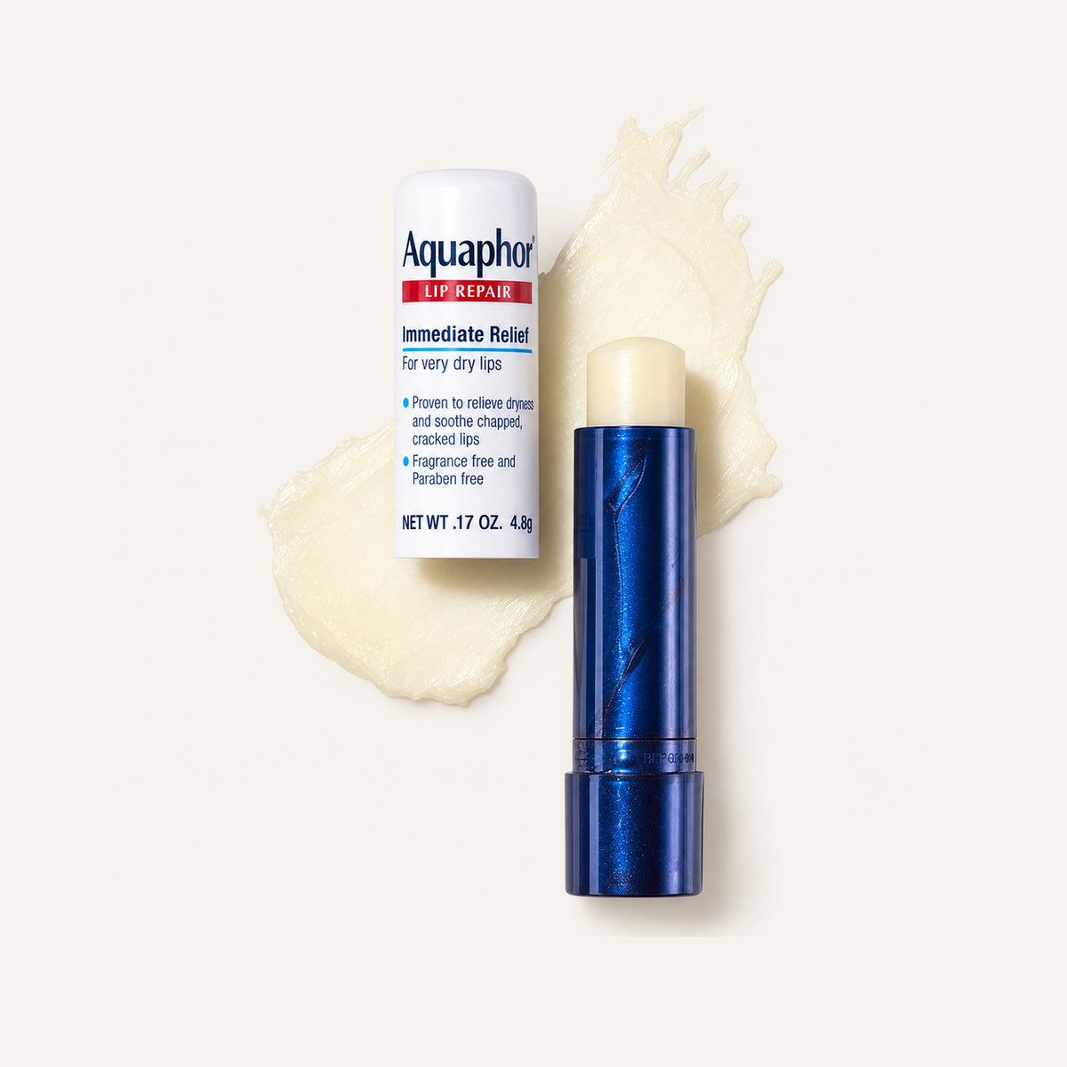 Aquaphor Lip Protectant + Sunscreen SPF30 10 ml, sztyft z zatyczką zdjętą i opakowanie z przodu | Ellemania