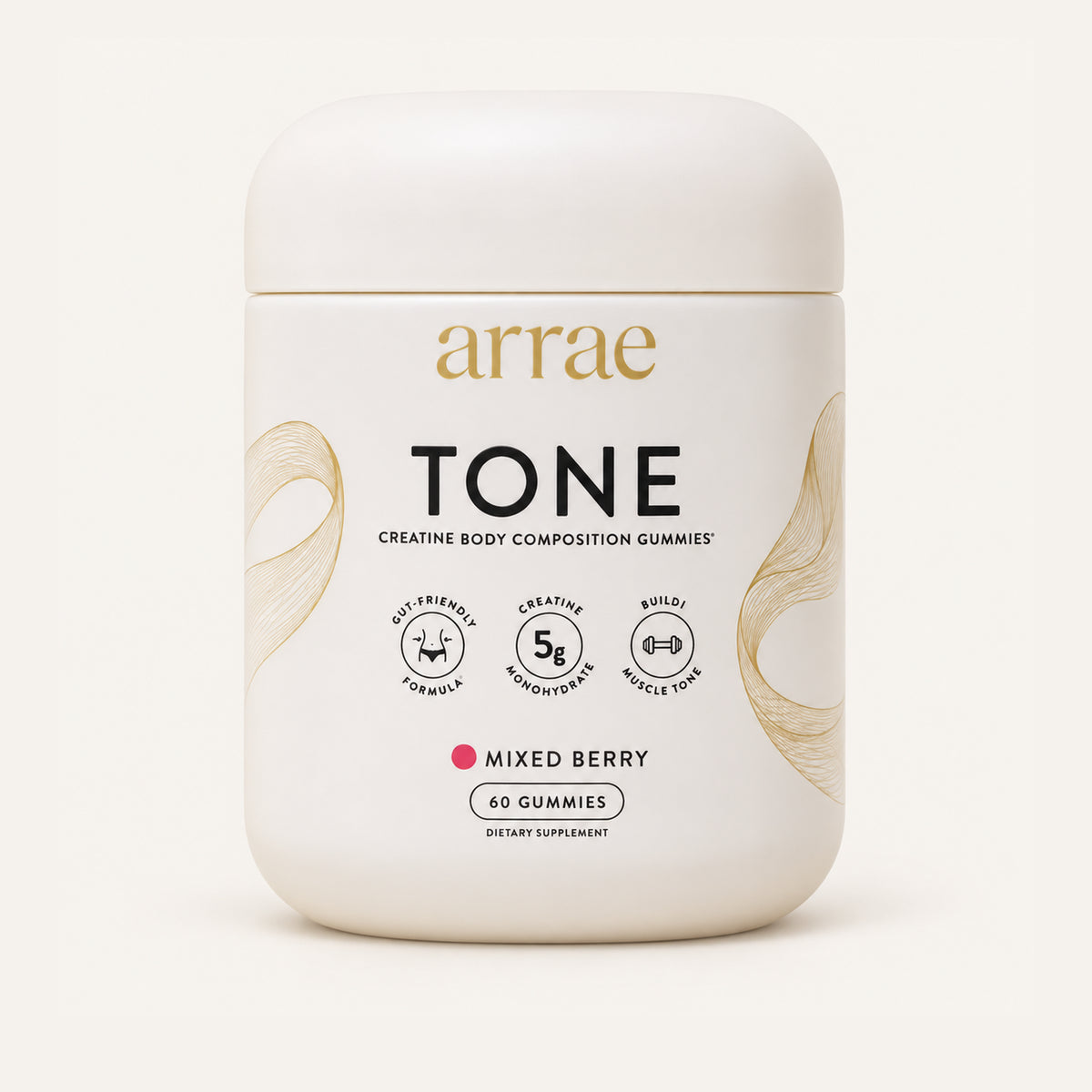 Arrae Tone Creatine Gummies 60 szt., biały pojemnik z przodu | Ellemania