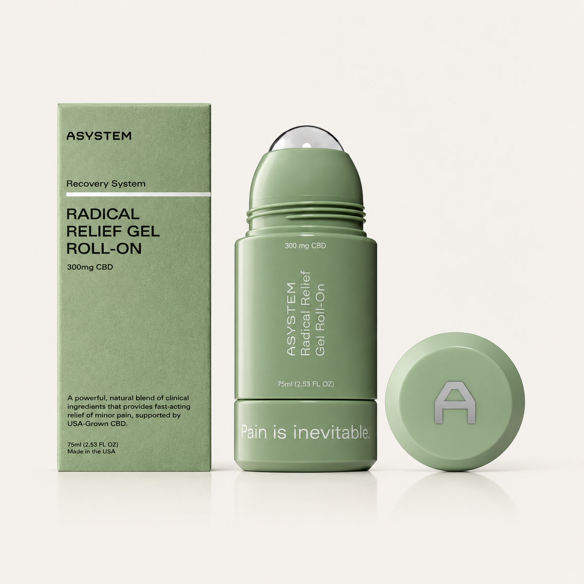 Asystem Radical Relief Gel Roll On - kartonowe pudełko obok opakowania z kulką i nakrętki | Ellemania
