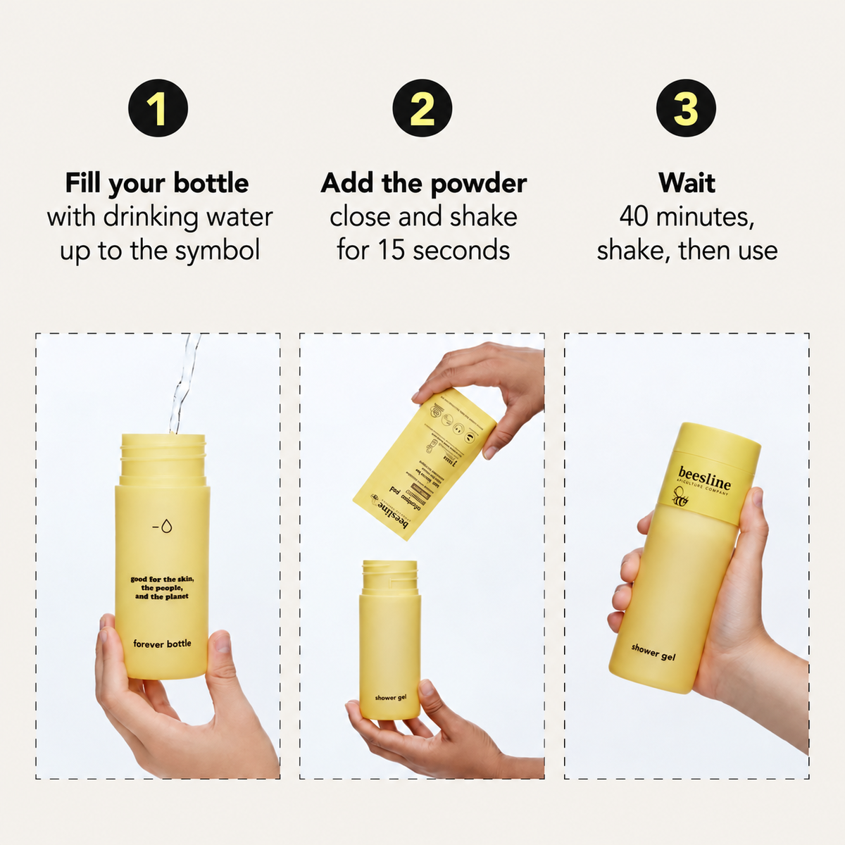 Beesline Shower Gel Powder Refill Honey & Neroli - instrukcja przygotowania żelu w trzech krokach | Ellemania