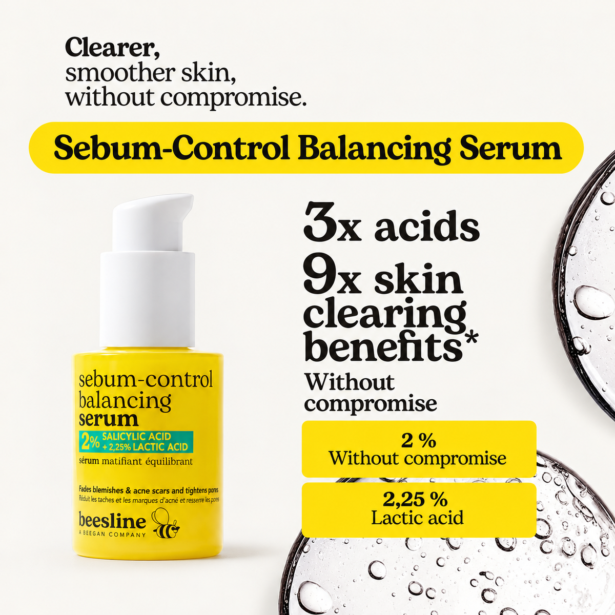 Beesline Sebum-Control Balancing Serum - grafika informacyjna z butelką z pompką i napisami o kwasach | Ellemania