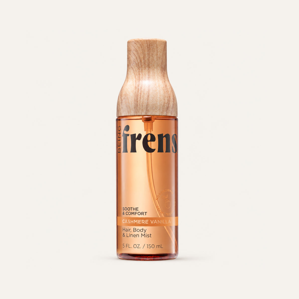 Being Frenshe Cashmere Vanilla Hair, Body & Linen Mist 150 ml, bottle with a wooden cap, front view | Ellemania