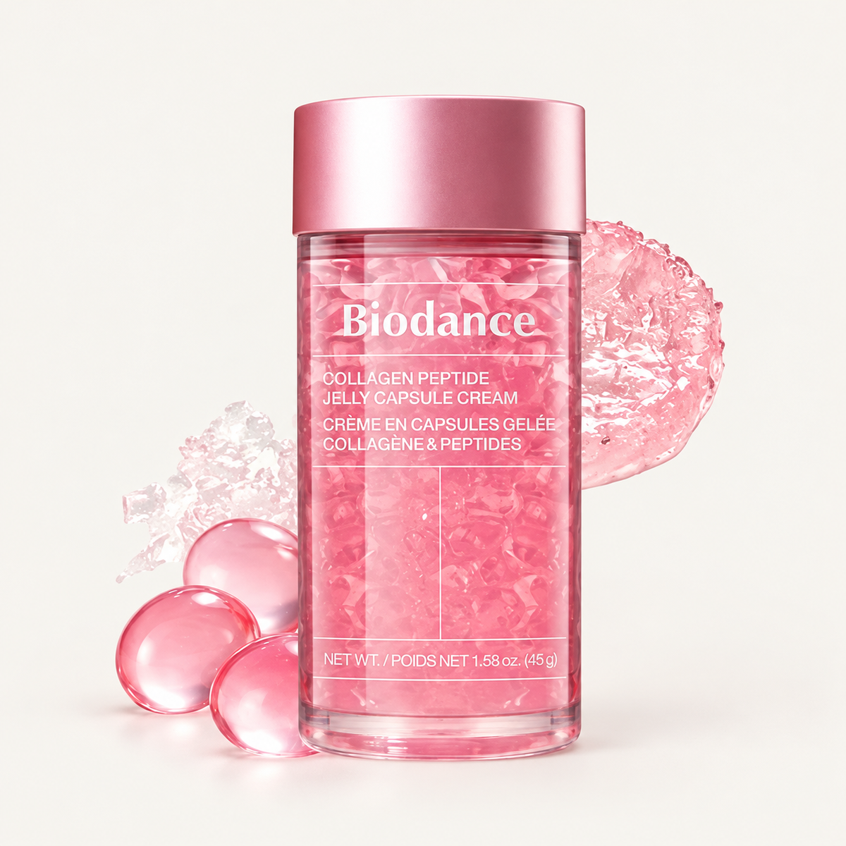 Biodance Collagen Peptide Jelly Capsule Cream - różowy słoik z różową nakrętką i kapsułkami, obok żel i kapsułki | Ellemania