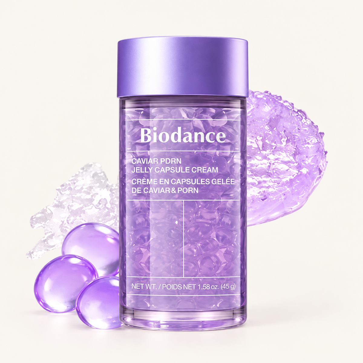Biodance Rejuvenating Caviar PDRN Capsule Cream - fioletowy słoik z fioletową nakrętką i kapsułkami, obok żel i kapsułki | Ellemania