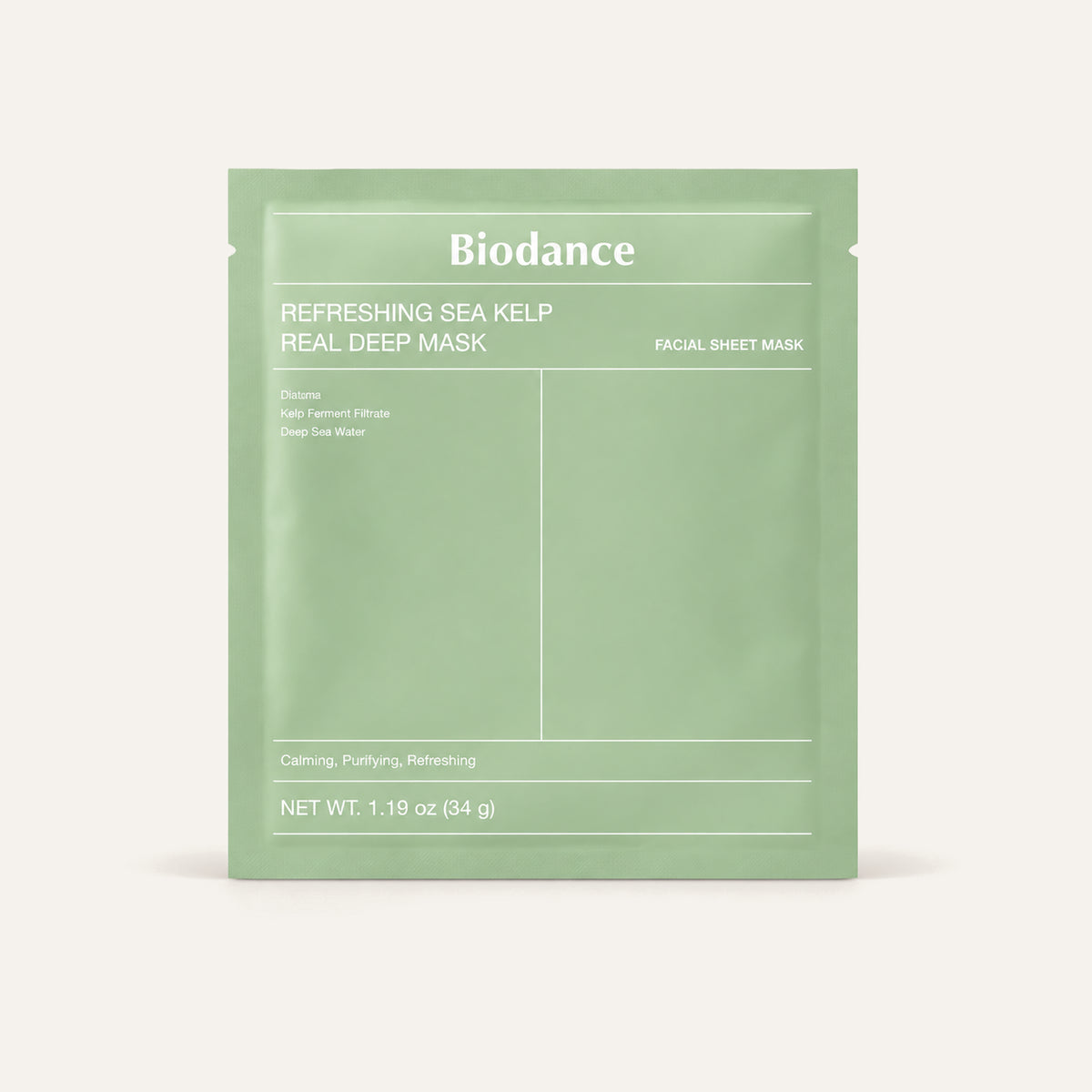 Biodance Refreshing Sea Kelp Real Deep Mask 34 g, green sachet, front view | Ellemania