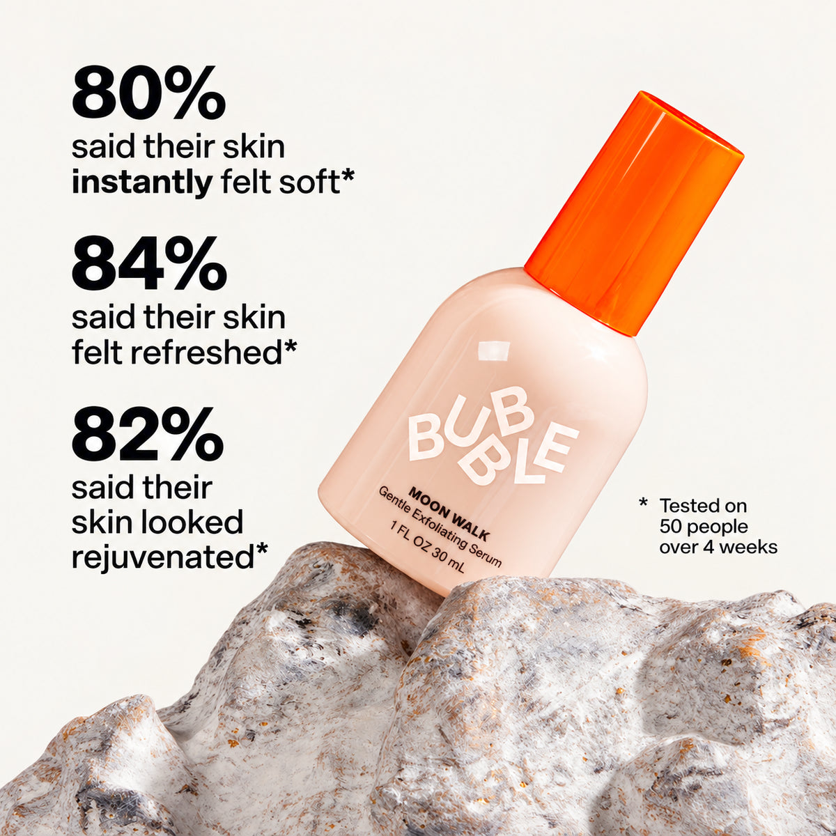 Bubble Moon Walk Gentle Exfoliating Serum 30 ml, tilted bottle on a rock, with survey results | Ellemania