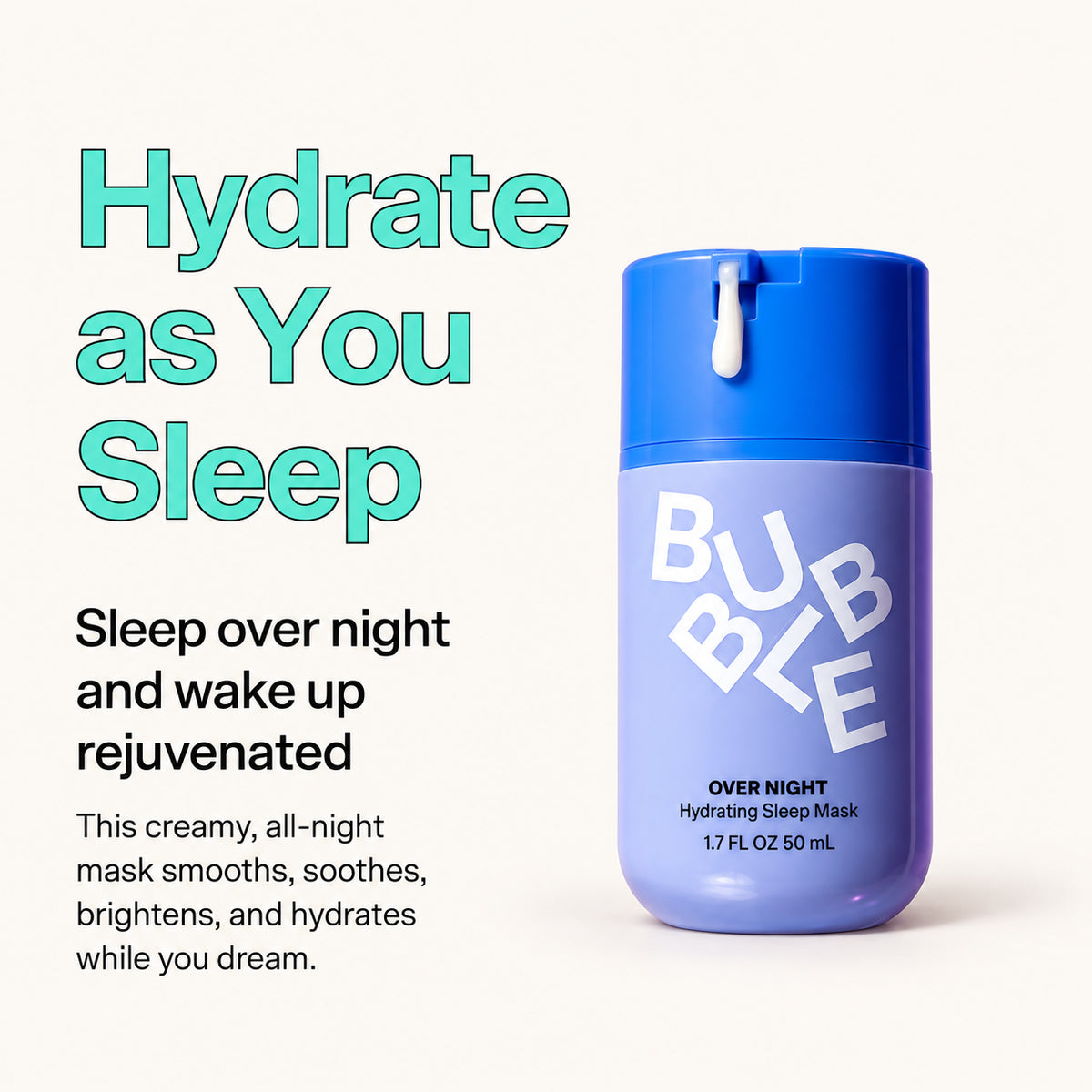Bubble Over Night Hydrating Sleep Mask 50 ml, blue bottle next to text about hydration during sleep | Ellemania