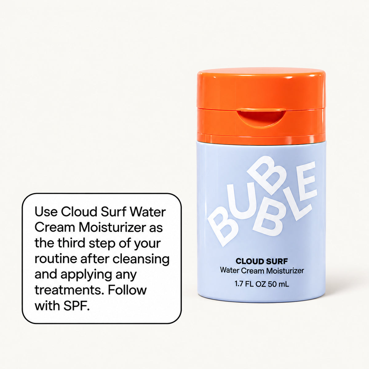 Bubble Skincare Cloud Surf Water Cream 50 ml, bottle next to a frame with instructions for use as the third step of a routine | Ellemania